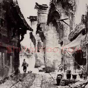 2001年 王绪阳《皖南古巷》国画人物作品图片赏析