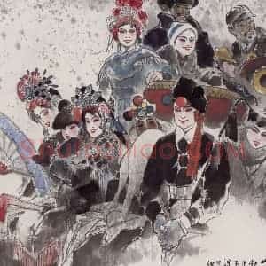 1988年 王绪阳《山乡秧歌队》国画人物作品图片赏析