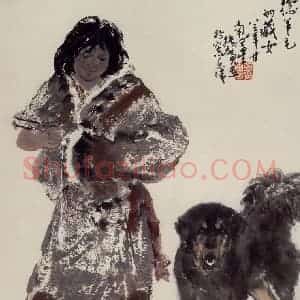 张广《捻羊毛的藏女》国画人物作品图片赏析