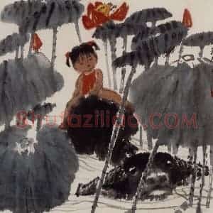 现代 张广《河塘浴牛图》国画综合作品图片赏析