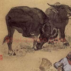 现代 张广《女孩与牛》国画综合作品图片赏析