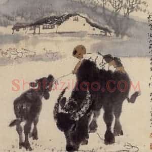 现代 张广《牧牛娃》国画综合作品图片赏析