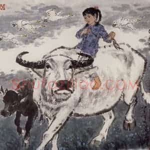 现代 张广《河塘牧歌》国画综合作品图片赏析