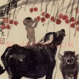 现代 张广《摘硕果》国画综合作品图片赏析