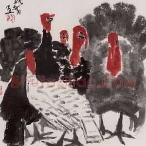 张广《五鸡图》国画花鸟作品图片赏析
