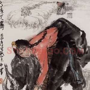 张广《挤奶图》国画人物作品图片赏析