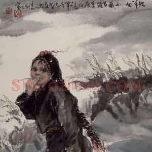 现代 张广《藏女牧羊》国画人物作品图片赏析