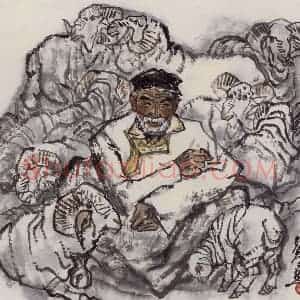 现代 张广《牧羊老人》国画人物作品图片赏析