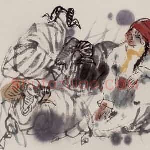 现代 张广《牧羊女》国画综合作品图片赏析