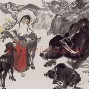 现代 张广《添新犊》国画综合作品图片赏析