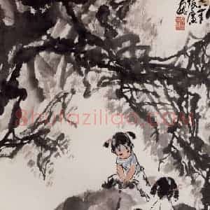 张广《浴牛图》国画综合作品图片赏析