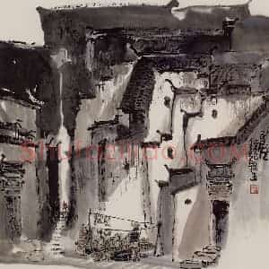 2001年 赵梅生《西递居民》国画山水写意作品图片赏析