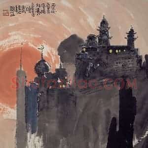 2001年 赵梅生《兰州清真寺晚霞》国画山水写意作品图片赏析