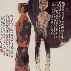 2001年 赵梅生《彩绘木俑》国画花鸟写意作品图片赏析