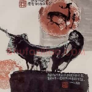 2001年 赵梅生《战国瓦当及青铜祭盘》国画花鸟写意作品图片赏析