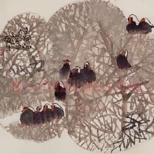 1993年 赵梅生《夕阳如金》国画花鸟写意作品图片赏析