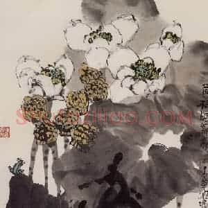2002年 赵梅生《黄梅时节家家雨 青草池塘处处蛙》国画花鸟写意作品图片赏析