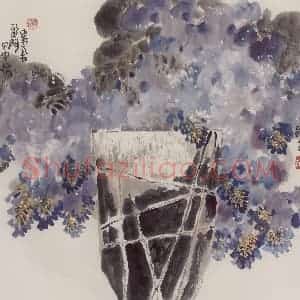 2004年 赵梅生《紫气盈门》国画花鸟写意作品图片赏析