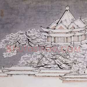 清代 虚谷《山水册·古殿银妆》国画山水作品图片赏析