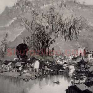 1979年 吴冠中《湘西古城》国画山水写意作品图片赏析