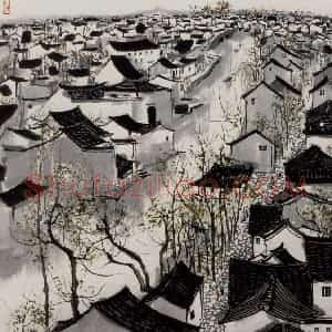 1980年 吴冠中《江南小镇》国画山水写意作品图片赏析