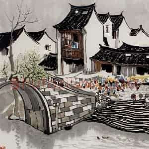 1980年 吴冠中《苏州甪直小镇》国画山水写意作品图片赏析