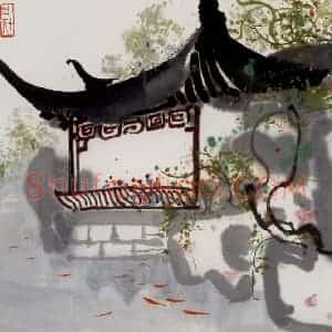 1982年 吴冠中《观鱼》国画山水写意作品图片赏析