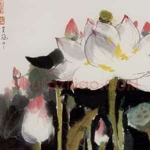 1975年 吴冠中《荷花》国画花鸟写意作品图片赏析