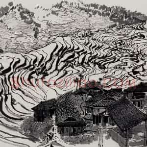 1977年 吴冠中《广西梯田》国画山水写意作品图片赏析