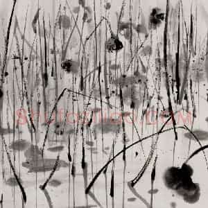 1987年 吴冠中《荷塘(残荷)》国画花鸟写意作品图片赏析