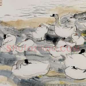 1987年 吴冠中《鹅鸭》国画花鸟写意作品图片赏析