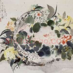 1987年 吴冠中《仿宋人花篮》国画花鸟写意作品图片赏析