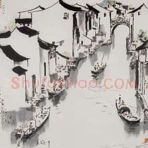 1987年 吴冠中《江南水巷》国画山水写意作品图片赏析