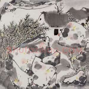 1988年 吴冠中《思旧作竹篱茅舍》国画山水写意作品图片赏析