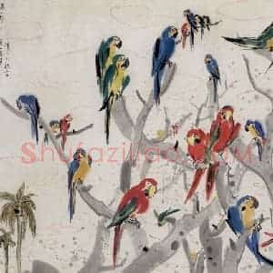 1990年 吴冠中《鹦鹉》国画花鸟写意作品图片赏析