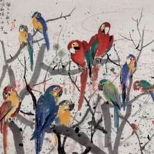 1990年 吴冠中《鹦鹉》国画花鸟写意作品图片赏析