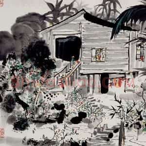 1990年 吴冠中《泰国清迈农家》国画山水写意作品图片赏析