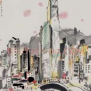 1990年 吴冠中《香港中国银行》国画山水写意作品图片赏析