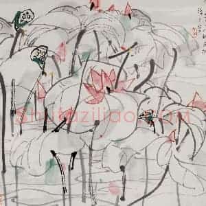 1990年 吴冠中《荷花》国画花鸟写意作品图片赏析