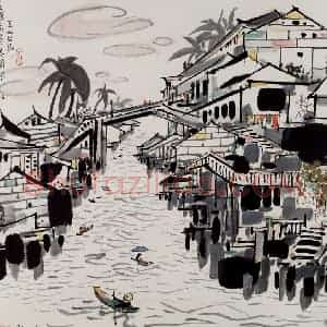 1990年 吴冠中《泰国万昌水乡》国画山水写意作品图片赏析