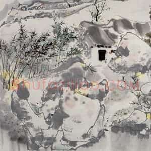 1986年 吴冠中《竹篱茅舍》国画山水写意作品图片赏析