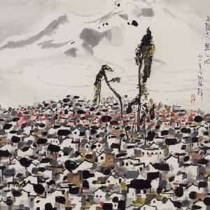 1992年 吴冠中《玉龙册下丽江城》国画山水写意作品图片赏析