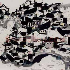 1992年 吴冠中《桥乡》国画山水写意作品图片赏析