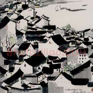 1992年 吴冠中《太湖之畔》国画山水写意作品图片赏析