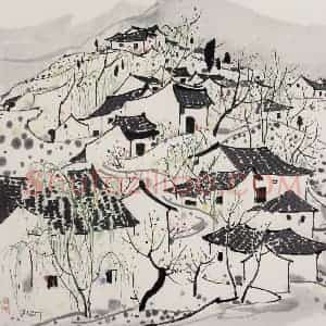 1993年 吴冠中《山村》国画山水写意作品图片赏析
