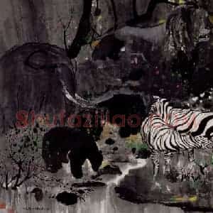 1995年 吴冠中《印尼野生动物园印象》国画花鸟写意作品图片赏析