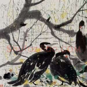 1995年 吴冠中《鱼鹰》国画花鸟写意作品图片赏析