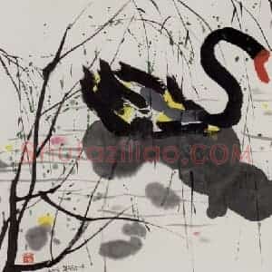 1996年 吴冠中《黑天鹅》国画花鸟写意作品图片赏析