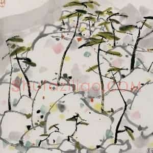 1991年 吴冠中《崂山松石》国画山水写意作品图片赏析
