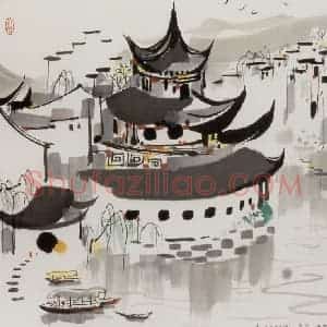 1991年 吴冠中《追忆秦淮河》国画山水写意作品图片赏析